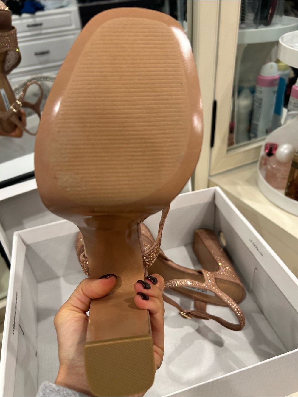 Steve Madden Bronze/Tan Rhinestone Block Heel Sandals - Picture 3 of 5